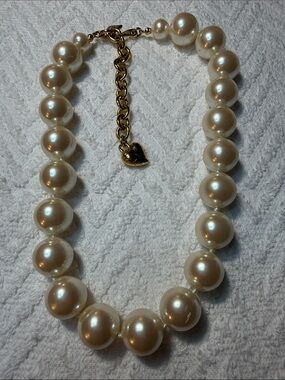 Carolee Cream Faux Pearl Necklace with Gold Heart Charm